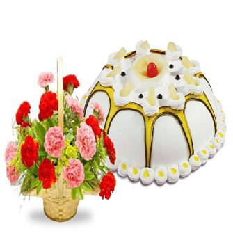 Carnations Basket and Pineapple Cake