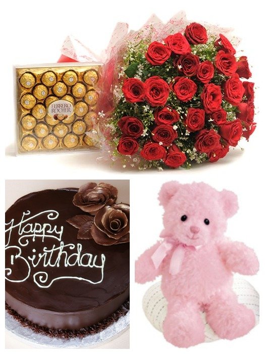 30 Red roses bouquet, 1 kg chocolate truffle cake, 1 teddy and 24 pcs Ferrero Rocher chocolate