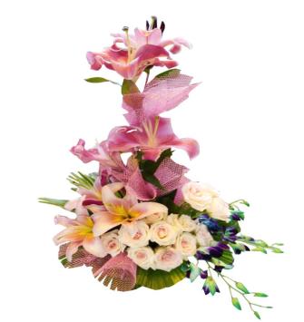stylish basket of lilies, rose & orchids