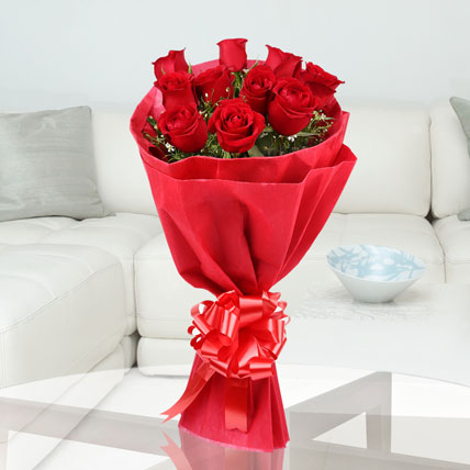 10 Red Roses in Red Paper Packing