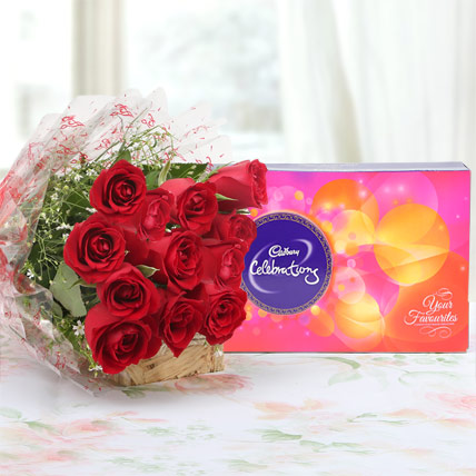 10 Red Roses Bunch with Cadbury Celebration Box