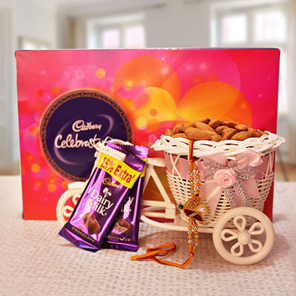 Rakhi with Cadbury Celebration Box & 100gm Badam in Bicycle and 2 Dairy Milk Chocolates