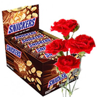 Red Carnations Bunch and Snickers Box