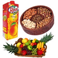 1 Kg Real Juice with 2 Kg Fresh Fruits Basket with 1 Kg Mix Dry Fruits