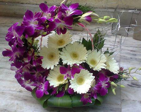 Purple Flowers Basket with Orchids and Gerberas