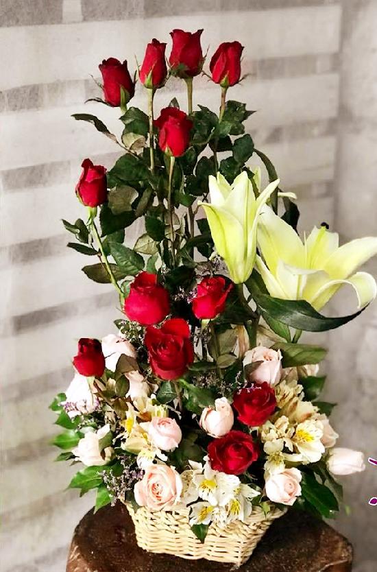 24 Light Pink and Red Roses Basket