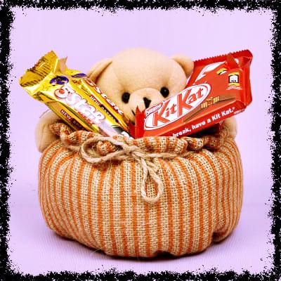 Teddy Basket with Kitkat and Five Star Chocolates