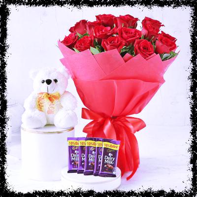 Dozen Roses Bunch with 5 Dairy Milk and Teddy Bear