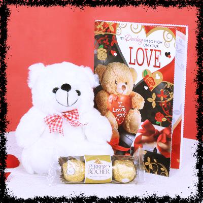 Gift Hamper of Teddy 3 Ferrero and Valentine Card
