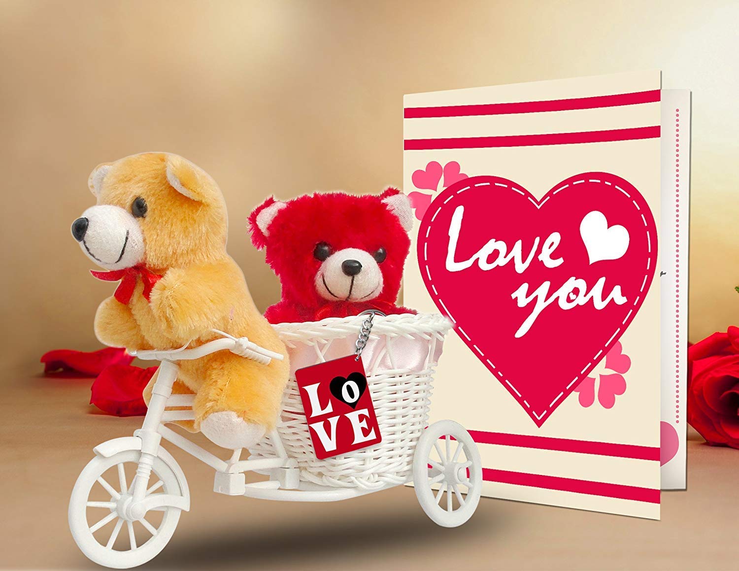 Valentine Key Ring, Card and Two Teddies in a Bicycle