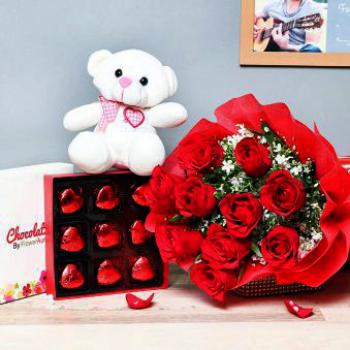 10 Red Roses Bunch, Teddy and 9 Heart Chocolates