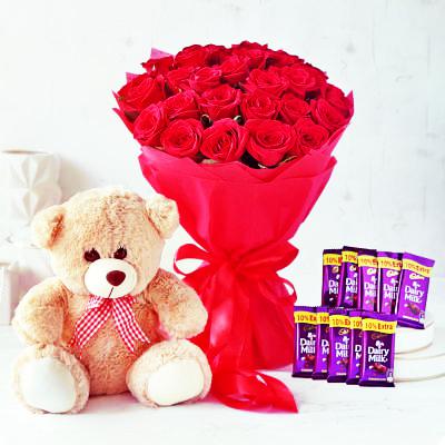 Bouquet of 20 Roses, Teddy Bear and 10 Chocolates