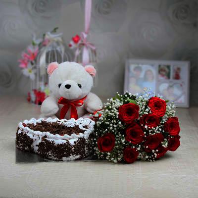 10 Red Roses Bunch, 1 Teddy and Heart Shape Valentine Cake