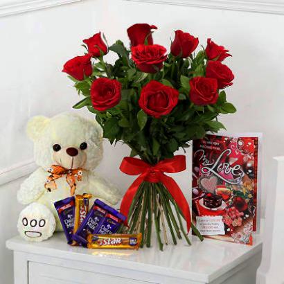 10 Red Roses Bunch with Valentine Card, Assorted Chocolates and Cute Teddy Bear