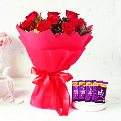 10 Red Roses Bunch with 5 Dairy Milk Chocolates