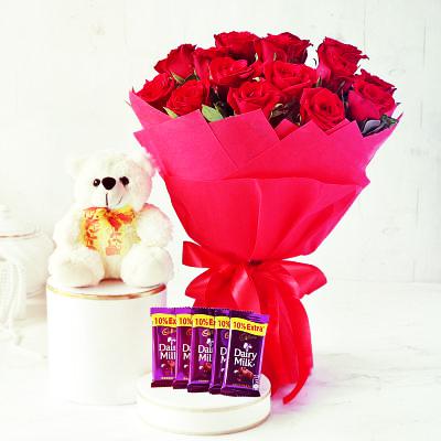 12 Red Roses Bunch, Teddy and 5 Dairy Milk Chocolates