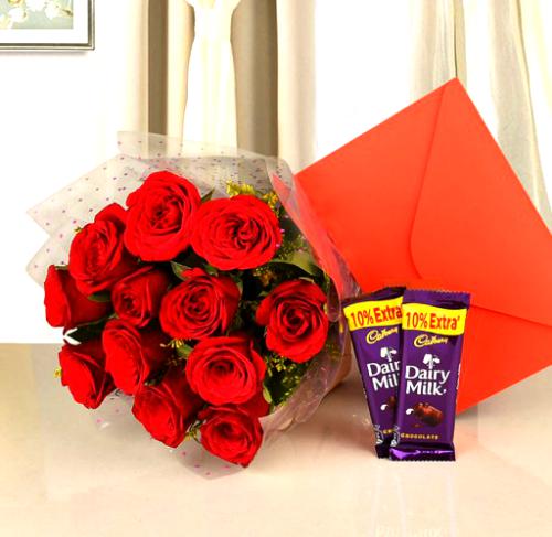 12 Red Roses Bunch, 2 Dairy Milk and Valentine Card