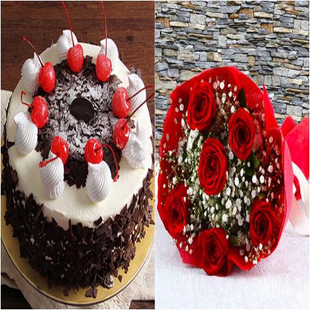 500gm Black Forest Cake with 8 Red Roses