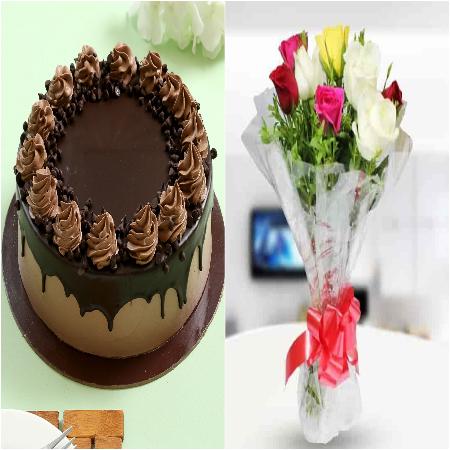 500g Chocolate Cake with 8 Mix Colour Roses Bunch 