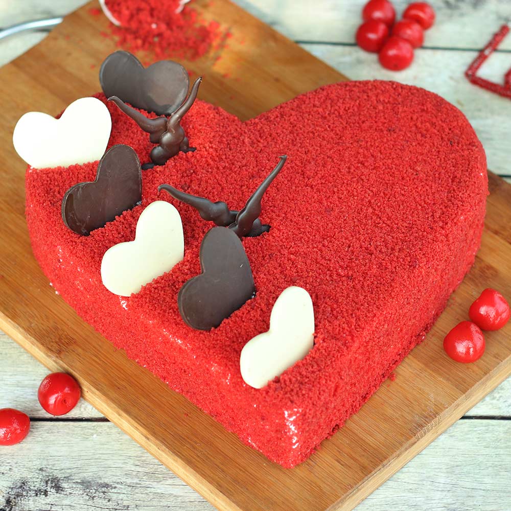 Heart Shaped Red Velvet Cake With Chocolate Hearts